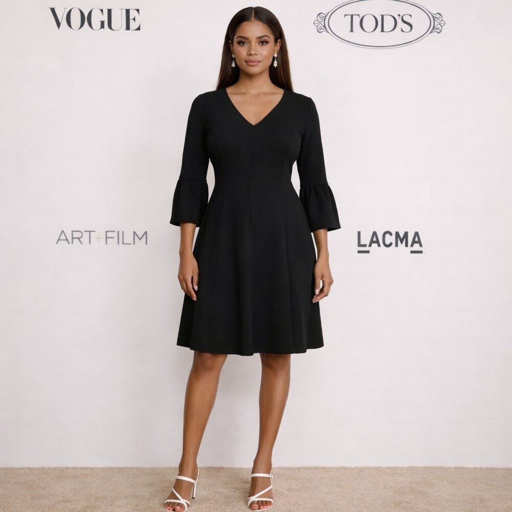 IMAN Black Fit & Flare Dress Bell Sleeve V-Neck XL